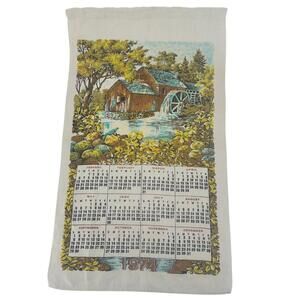 Vintage Linen Kitchen Cloth Calendar Year 1974 Old Country Mill Birthday Glitter